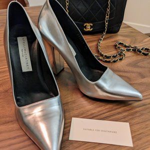 NWOB Silver Stella McCartney Vegan Leather Block Heel, Sz 6/36